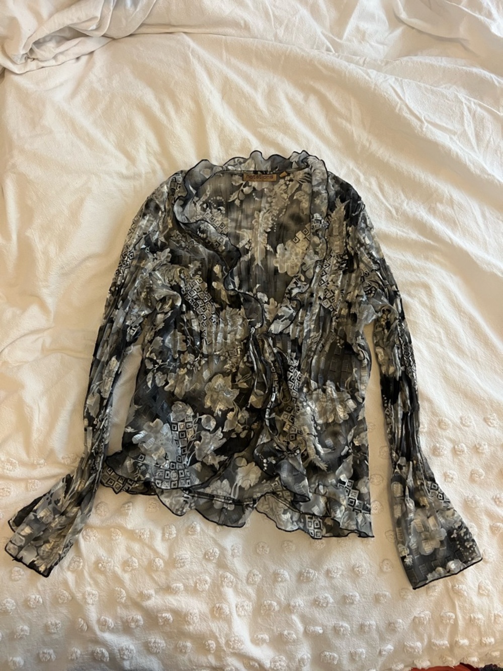 Notations Black and Gray Sheer Floral Ruffle Tie-Front Blouse